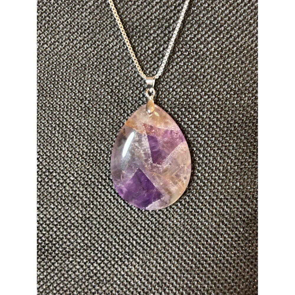 Amethyst Chevron Teardrop Pendant Necklace Stainless Steel Box Chain Purple